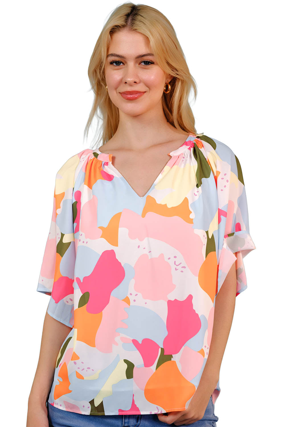 Printed Notched Neck Half Sleeve Blouse -  Nueva Moda Boutique By Giselly 