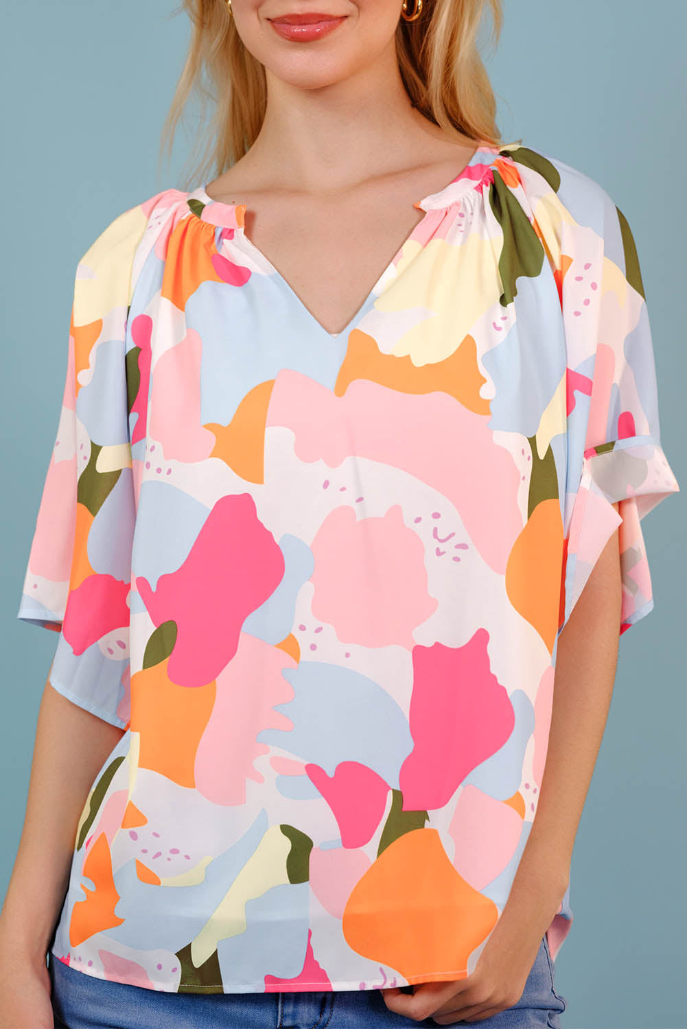 Printed Notched Neck Half Sleeve Blouse -  Nueva Moda Boutique By Giselly 