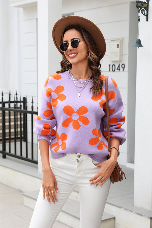 Floral Print Round Neck Dropped Shoulder Pullover Sweater -  Nueva Moda Boutique By Giselly 