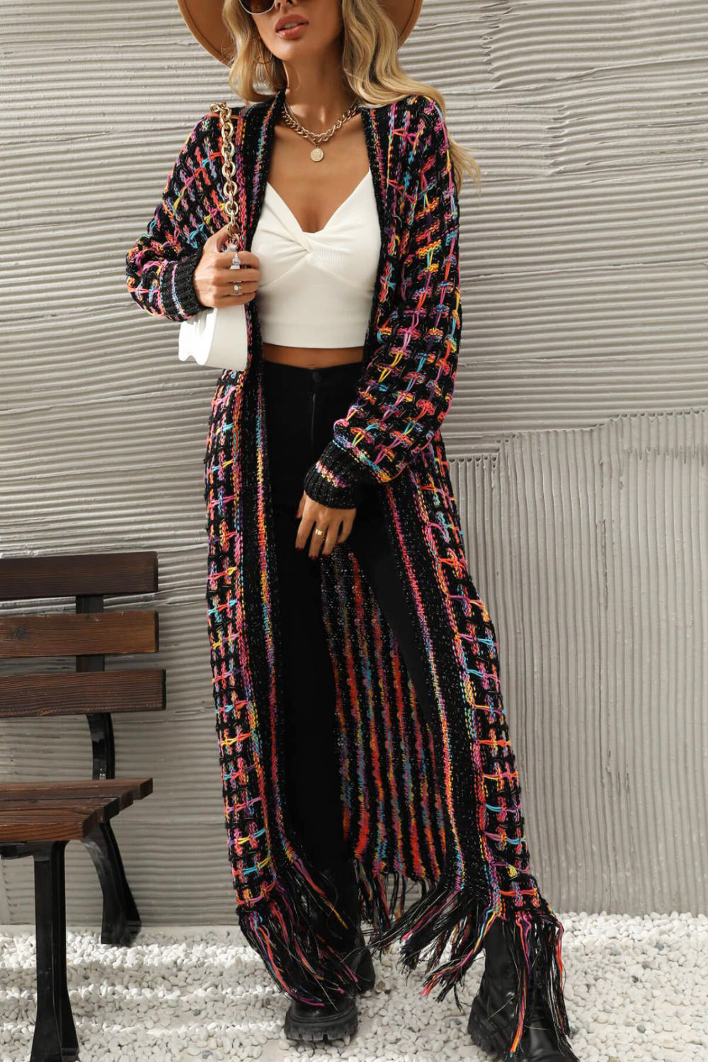 Multicolored Open Front Fringe Hem Cardigan -  Nueva Moda Boutique By Giselly 