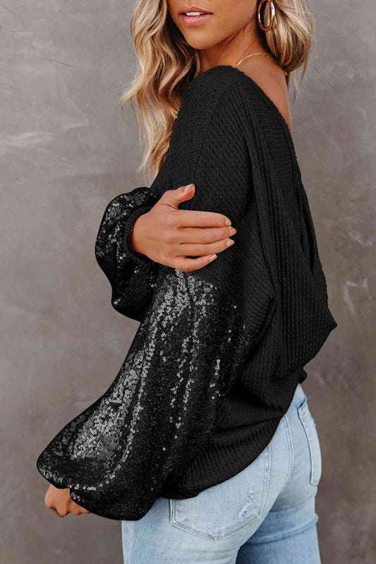 Sequin Waffle-Knit Blouse -  Nueva Moda Boutique By Giselly 