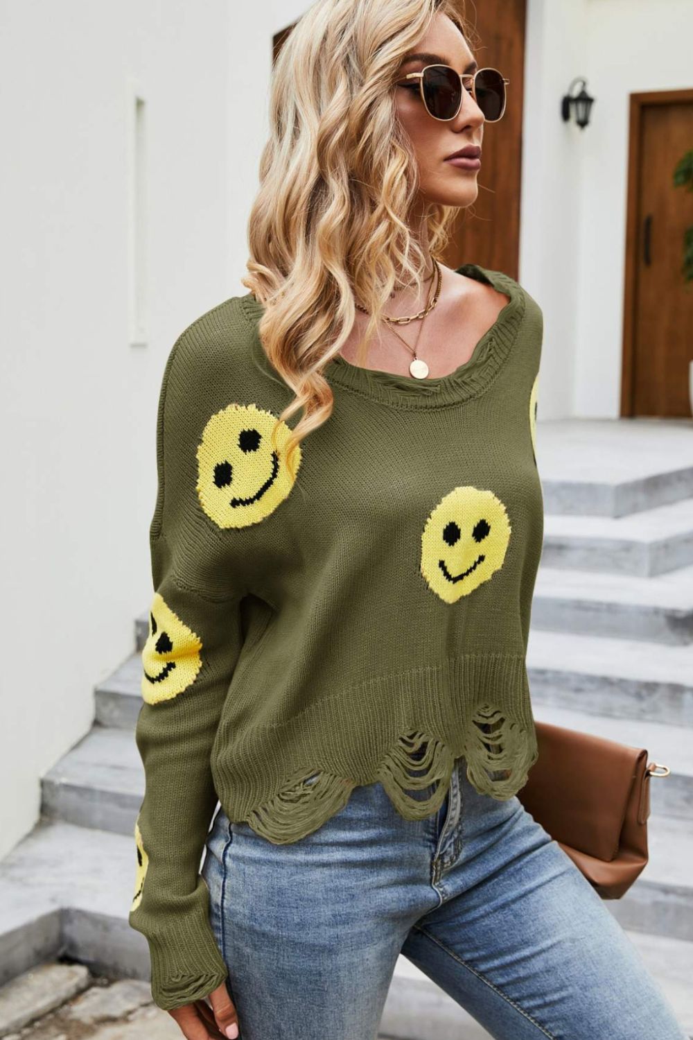 Smiley Face Distressed Round Neck Sweater -  Nueva Moda Boutique By Giselly 