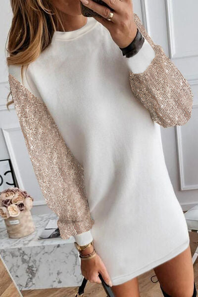Sequin Long Sleeve Round Neck Mini Dress -  Nueva Moda Boutique By Giselly 
