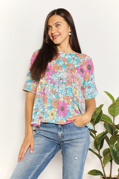 Double Take Floral Round Neck Babydoll Top -  Nueva Moda Boutique By Giselly 