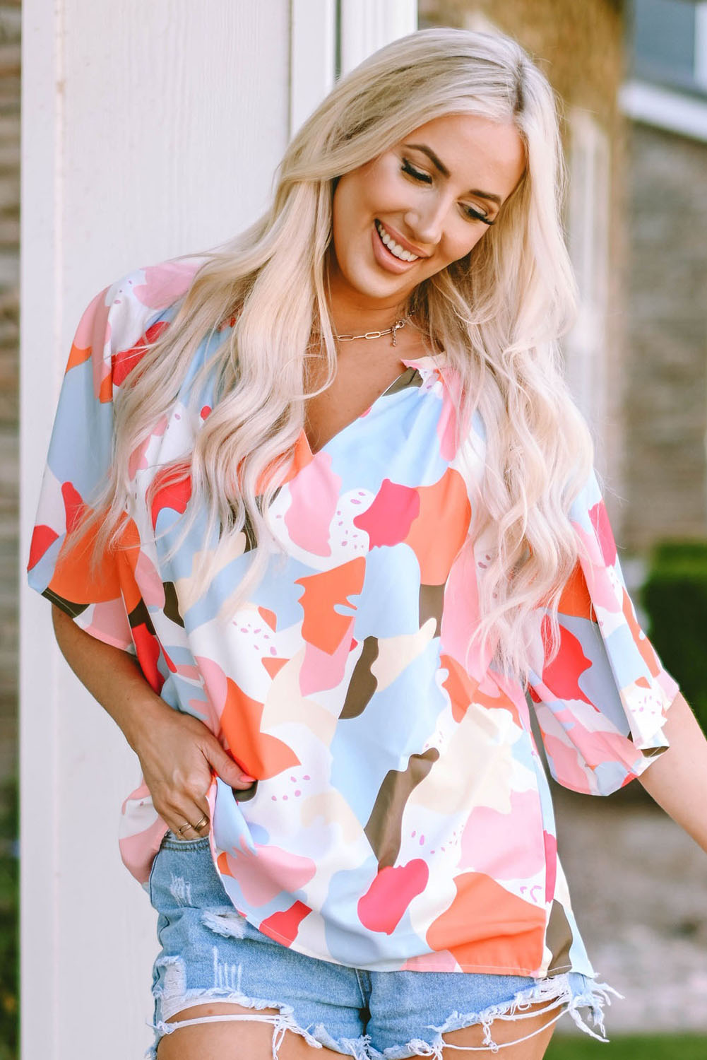 Printed Notched Neck Half Sleeve Blouse -  Nueva Moda Boutique By Giselly 
