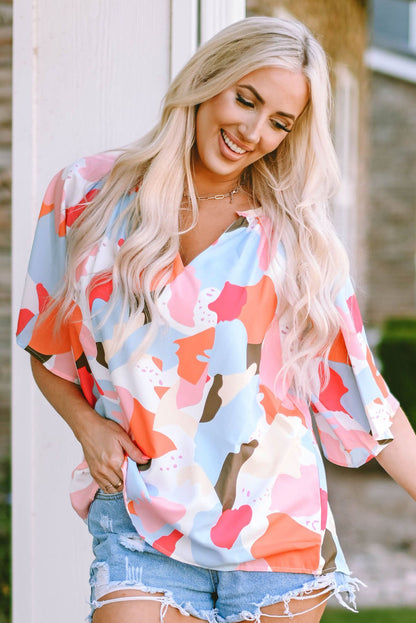 Printed Notched Neck Half Sleeve Blouse -  Nueva Moda Boutique By Giselly 