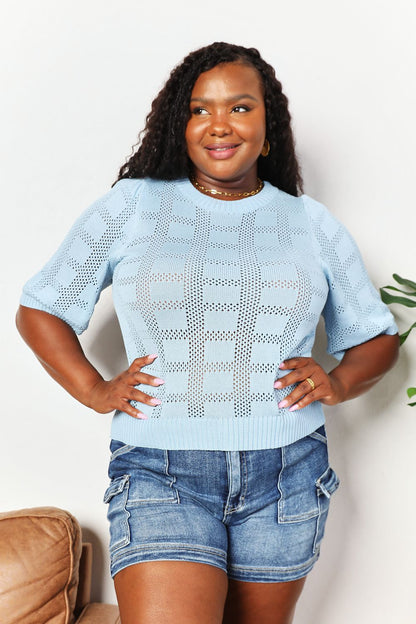 Double Take Ribbed Trim Round Neck Knit Top -  Nueva Moda Boutique By Giselly 