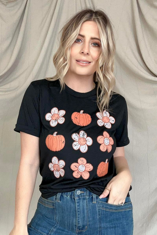 Pumpkin Flower Print Graphic Tee -  Nueva Moda Boutique By Giselly 