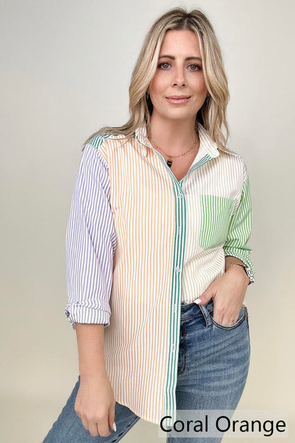 Davi & Dani Multicolor Mixed Stripe Button Front Top -  Nueva Moda Boutique By Giselly 