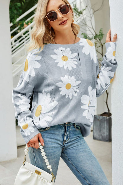 Daisy Print Openwork Round Neck Sweater -  Nueva Moda Boutique By Giselly 