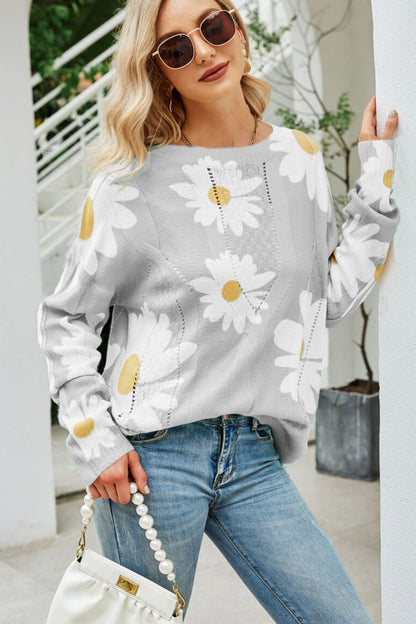 Daisy Print Openwork Round Neck Sweater -  Nueva Moda Boutique By Giselly 