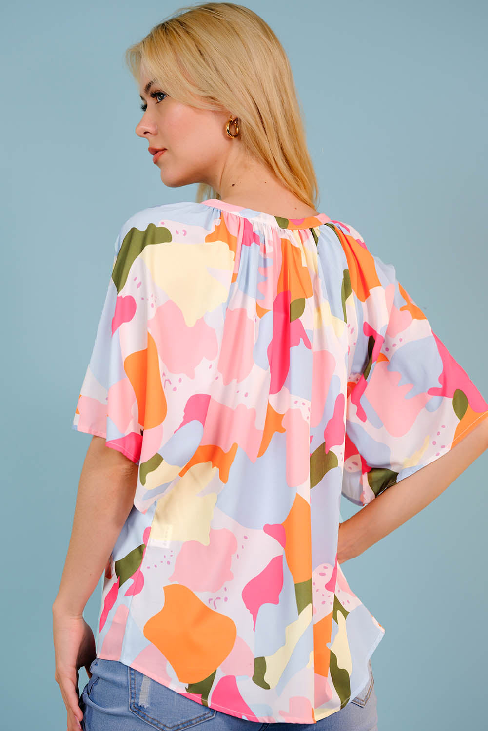 Printed Notched Neck Half Sleeve Blouse -  Nueva Moda Boutique By Giselly 