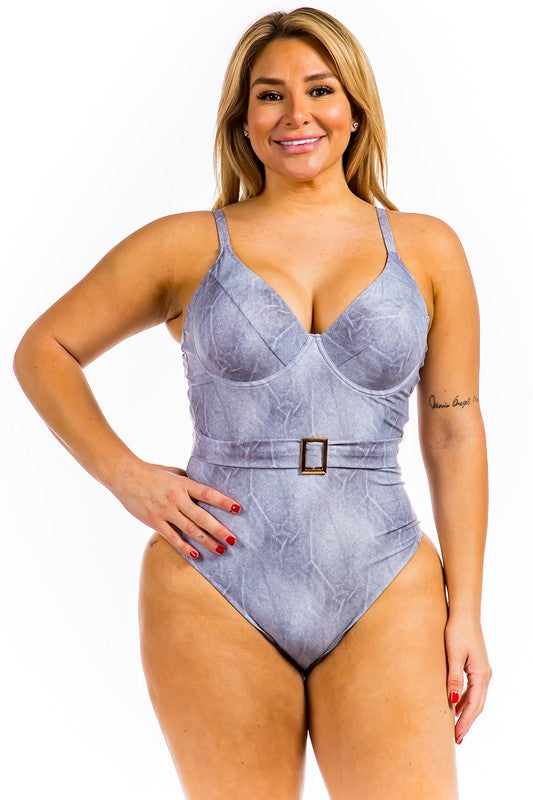 One Piece Buckle Belt embellish Denim Swimsuit -  Nueva Moda Boutique By Giselly 