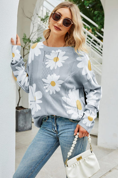 Daisy Print Openwork Round Neck Sweater -  Nueva Moda Boutique By Giselly 