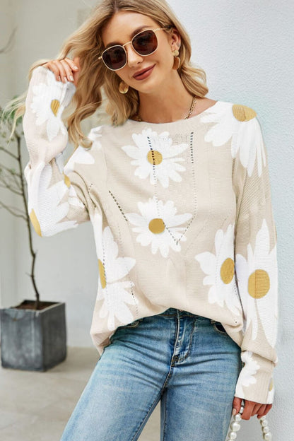 Daisy Print Openwork Round Neck Sweater -  Nueva Moda Boutique By Giselly 
