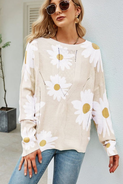 Daisy Print Openwork Round Neck Sweater -  Nueva Moda Boutique By Giselly 